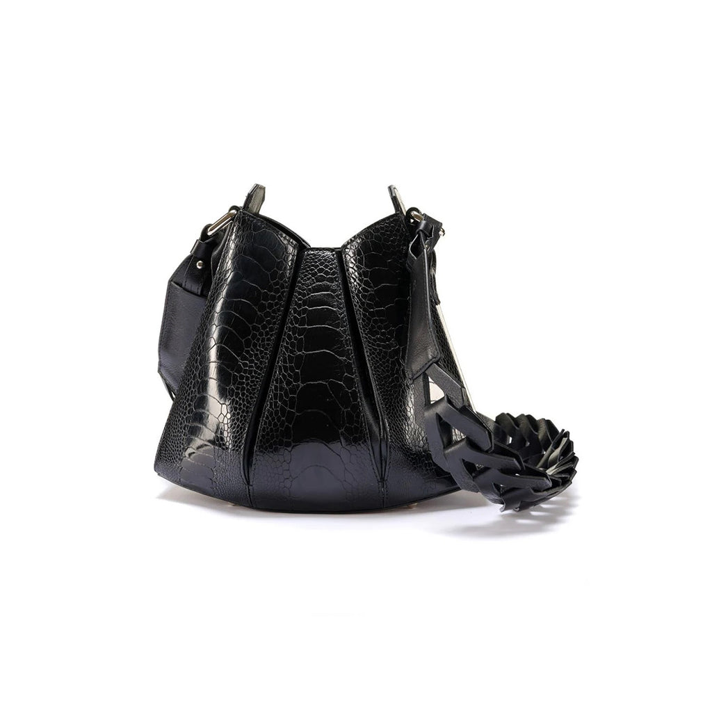 Luna - Black African Ostrich Leg Leather Shoulder Bag