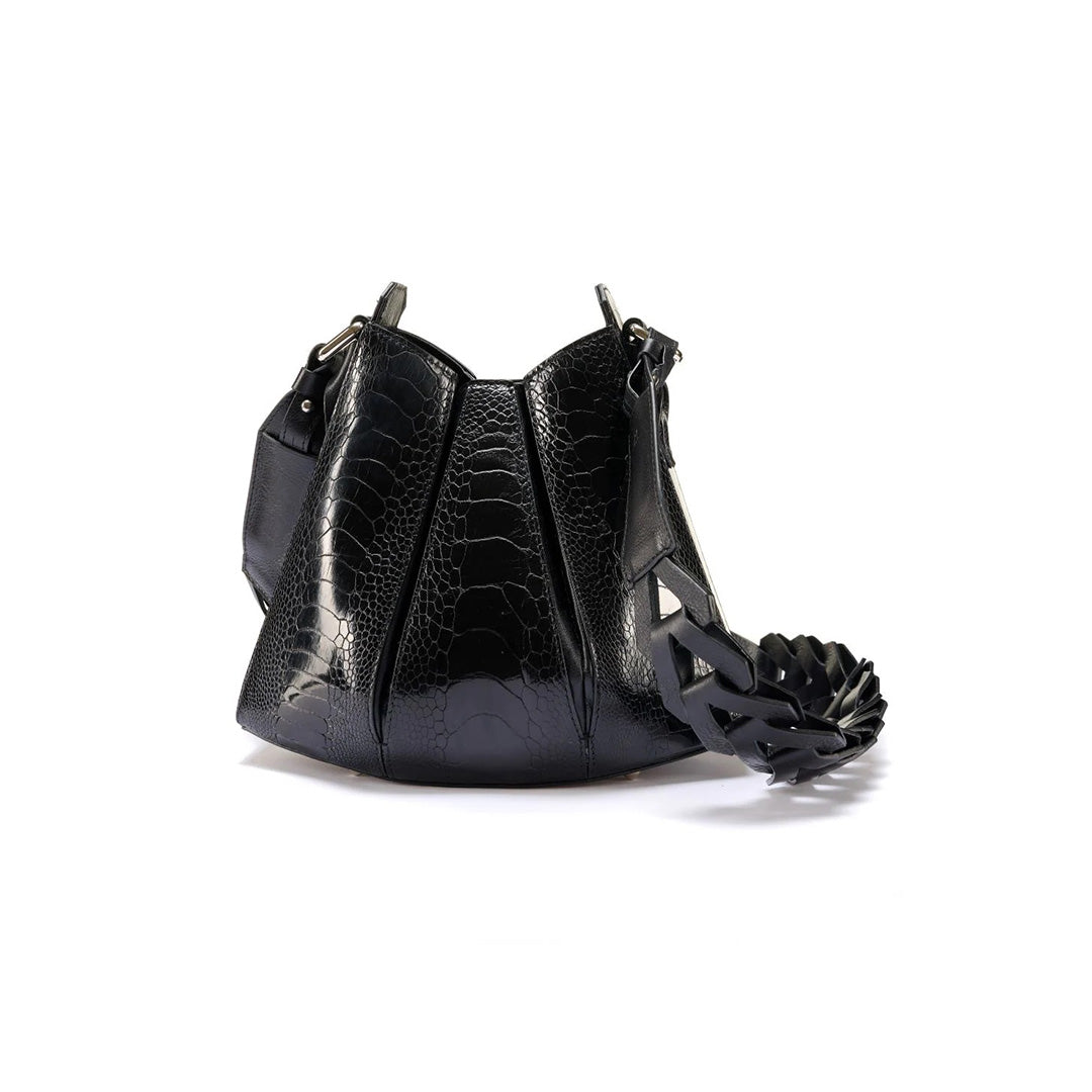 Luna - Black African Ostrich Leg Leather Shoulder Bag