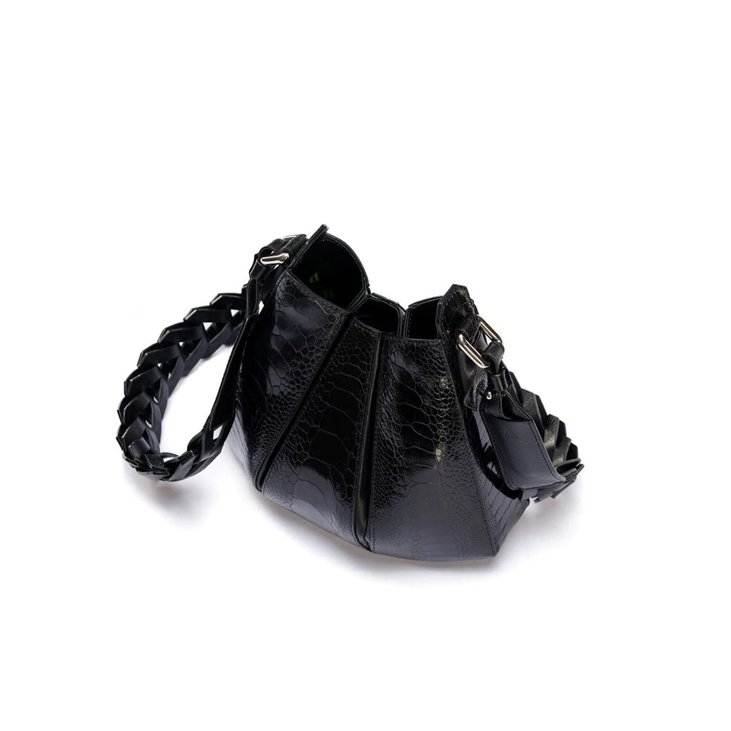 Luna - Black African Ostrich Leg Leather Shoulder Bag