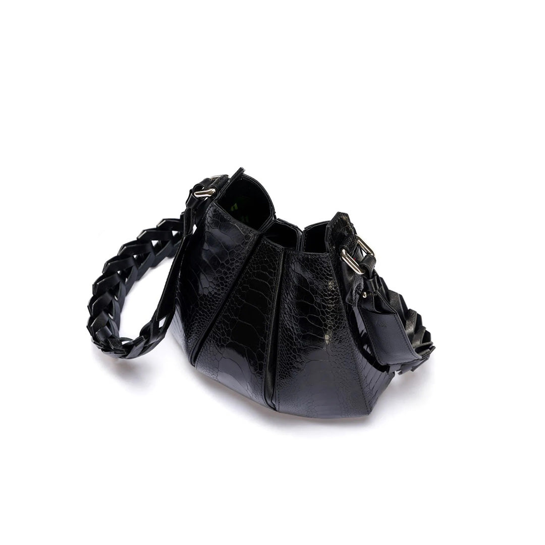 Luna - Black African Ostrich Leg Leather Shoulder Bag