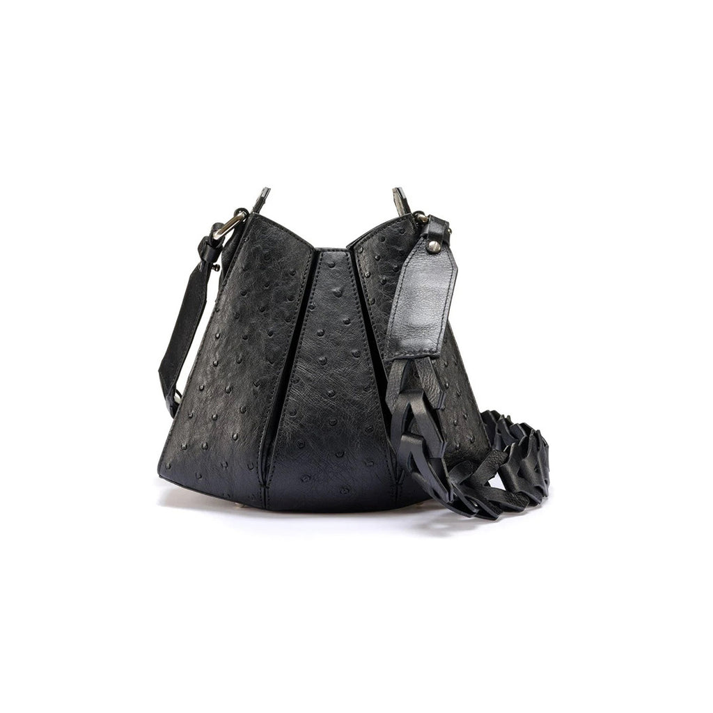 Luna - Black African Ostrich Quill Leather Shoulder Bag