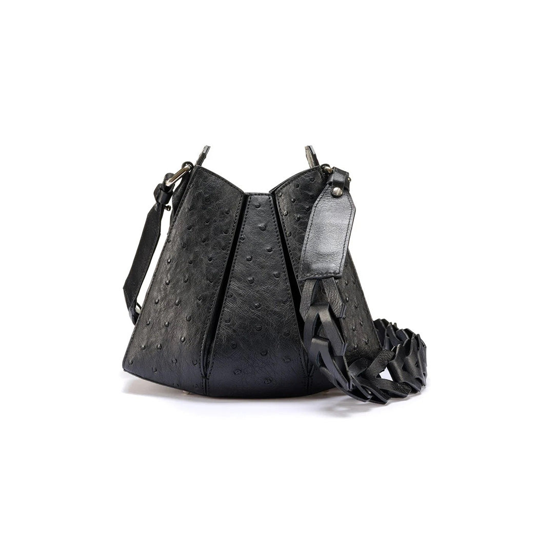 Luna - Black African Ostrich Quill Leather Shoulder Bag