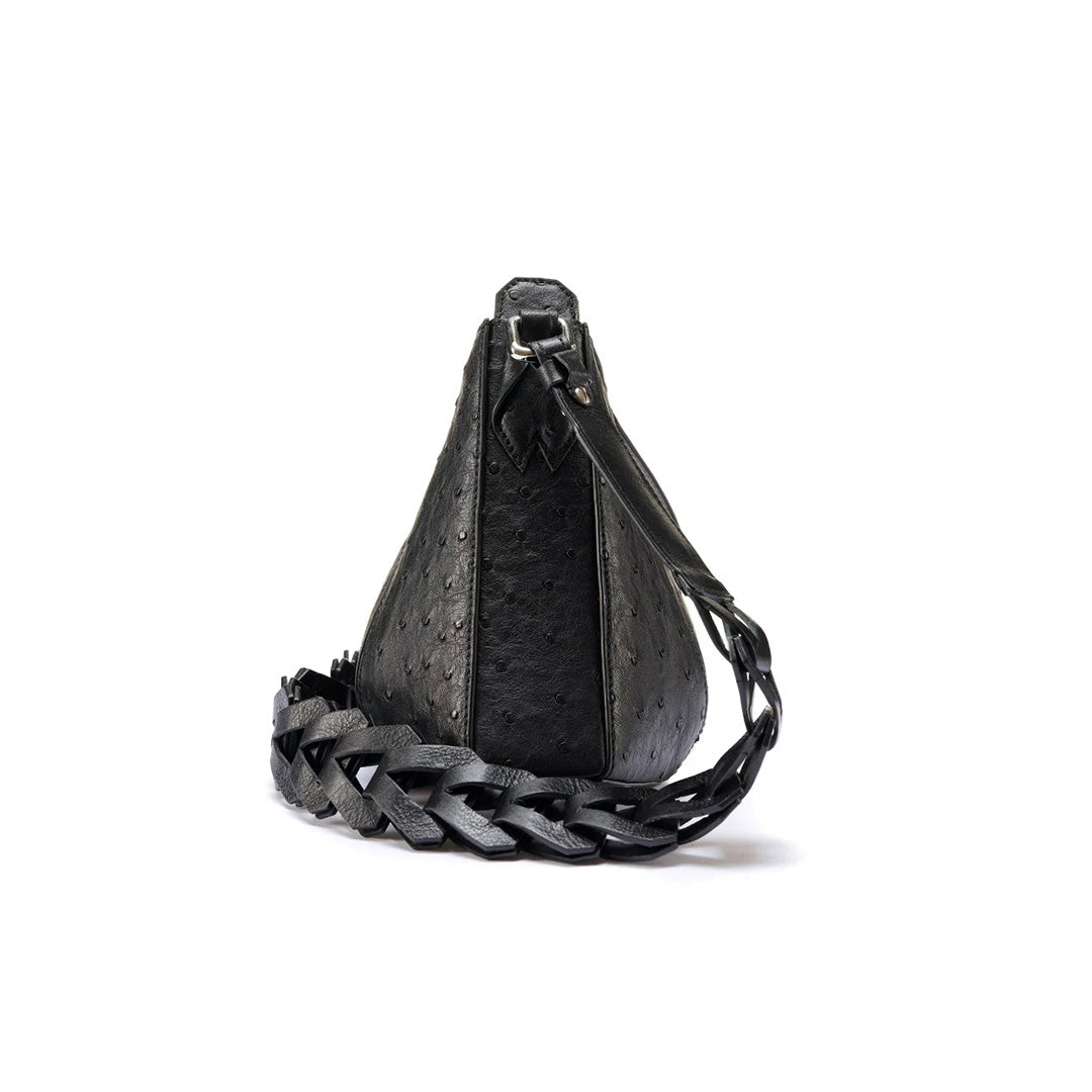 Luna - Black African Ostrich Quill Leather Shoulder Bag