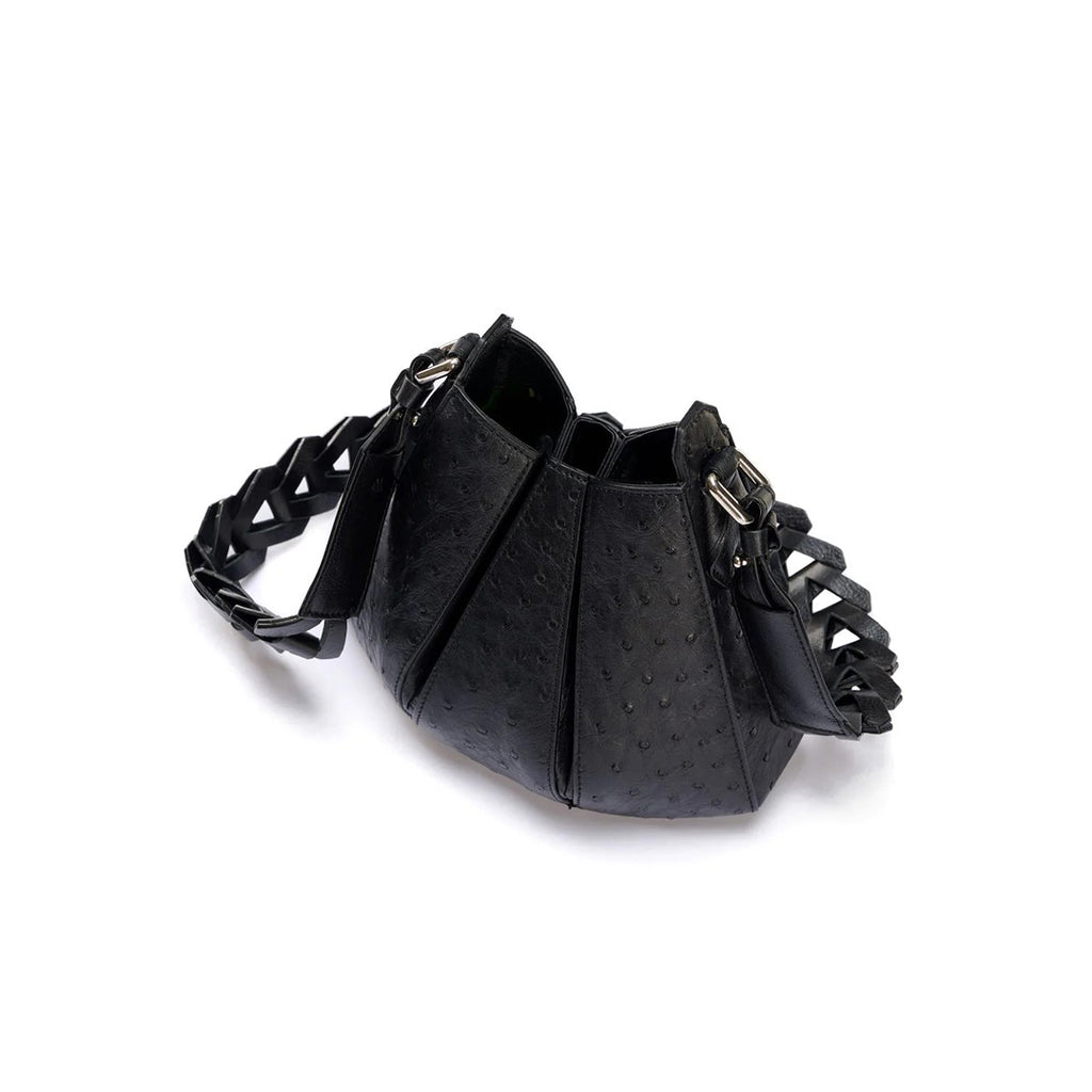 Luna - Black African Ostrich Quill Leather Shoulder Bag