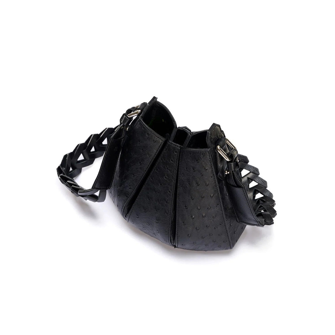 Luna - Black African Ostrich Quill Leather Shoulder Bag