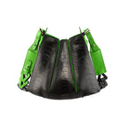 A black handbag with green gussets and adjustable straps, featuring a tulip closure design.