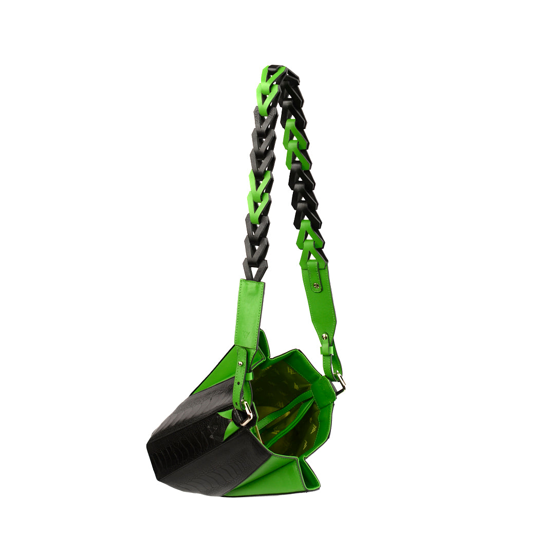 Luna Black Limited Edition Ostrich Leather Shoulder Bag with Green Gussets