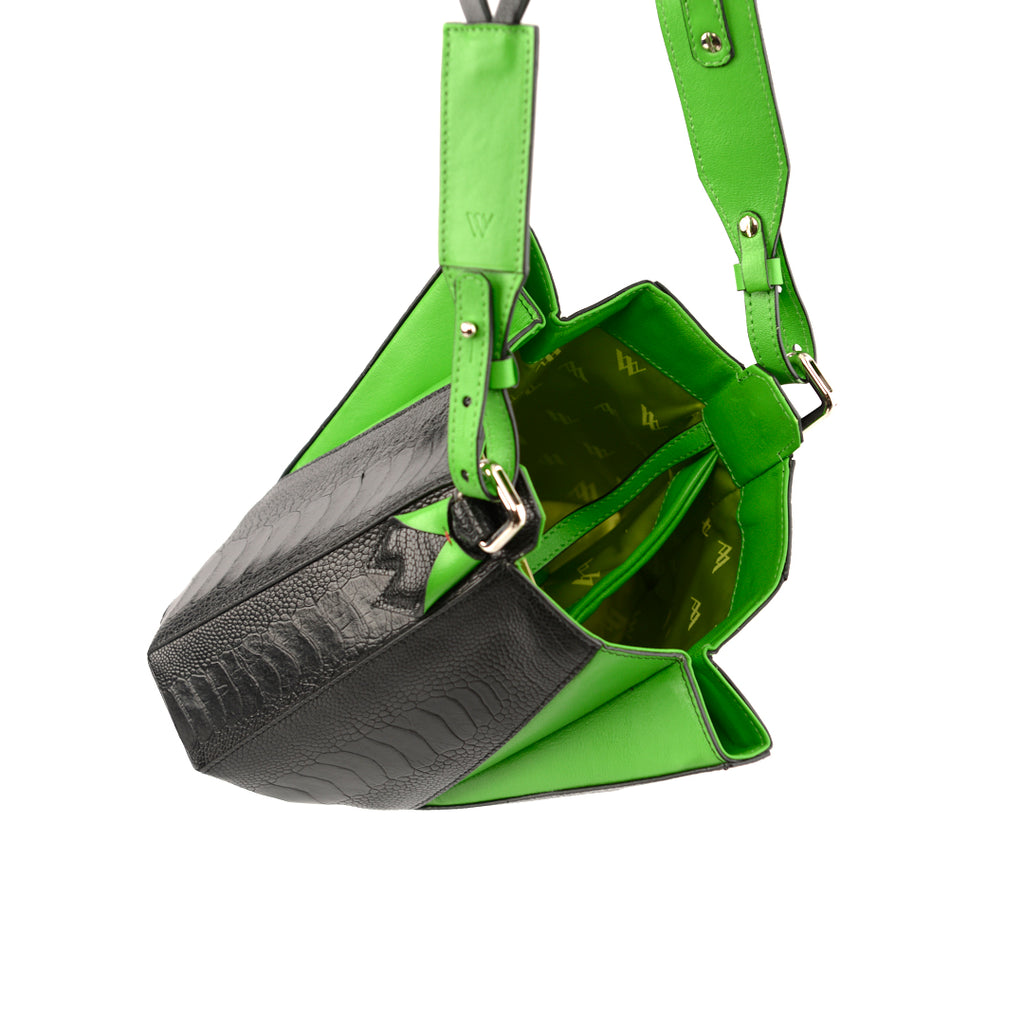 Luna Black Limited Edition Ostrich Leather Shoulder Bag with Green Gussets