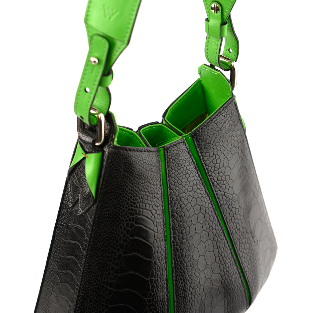 Luna Black Limited Edition Ostrich Leather Shoulder Bag with Green Gussets