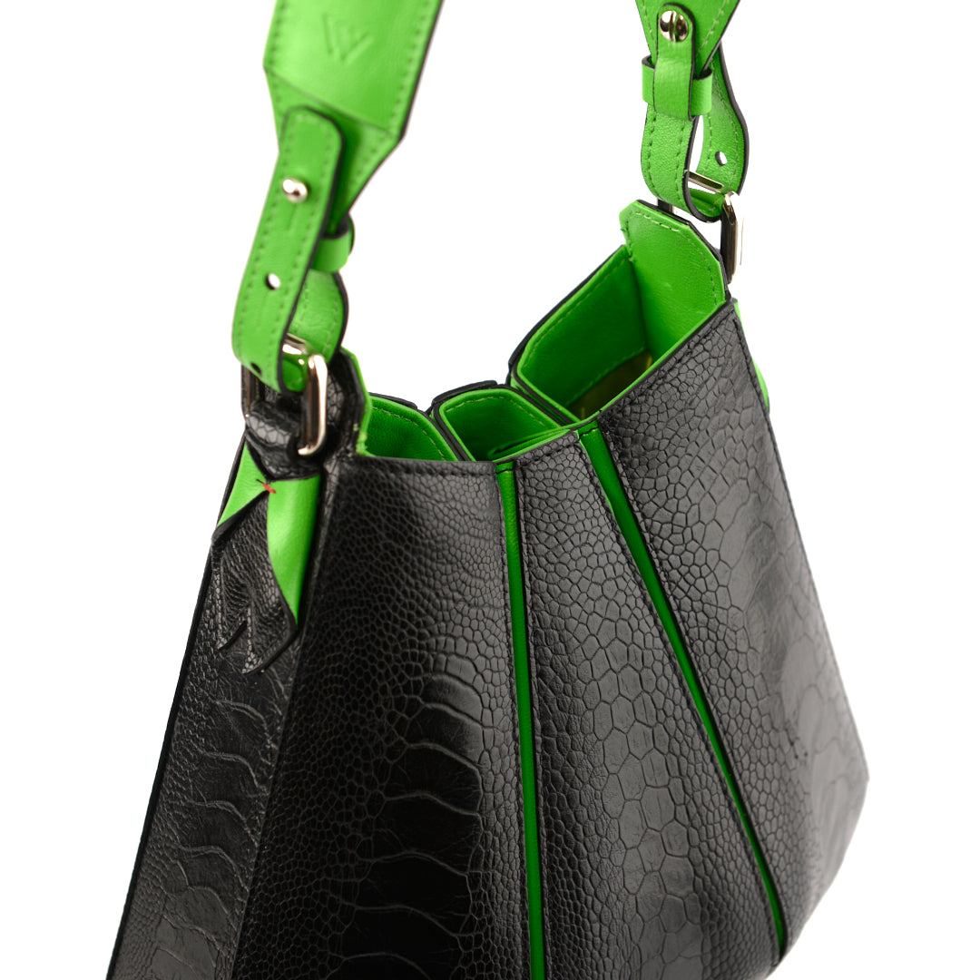 Luna Black Limited Edition Ostrich Leather Shoulder Bag with Green Gussets