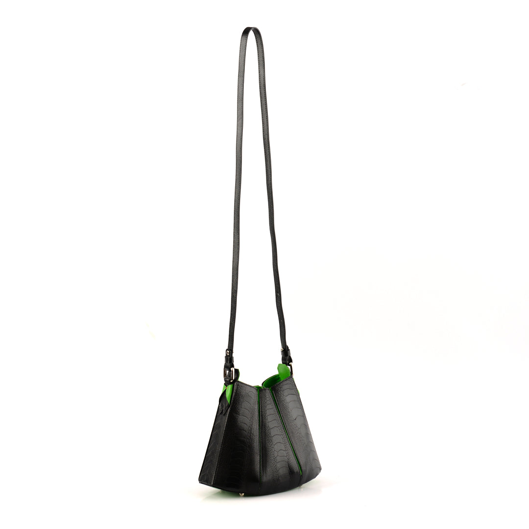 Luna Black Limited Edition Ostrich Leather Shoulder Bag with Green Gussets