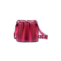 A pink handbag with a tulip shape and a soft drawstring closure, made from leather with visible stitching.
