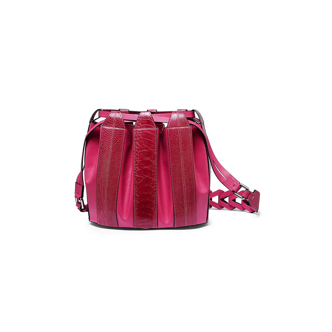 A pink handbag with a tulip shape and a soft drawstring closure, made from leather with visible stitching.