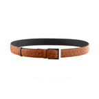 A brown leather belt with a silver buckle. 