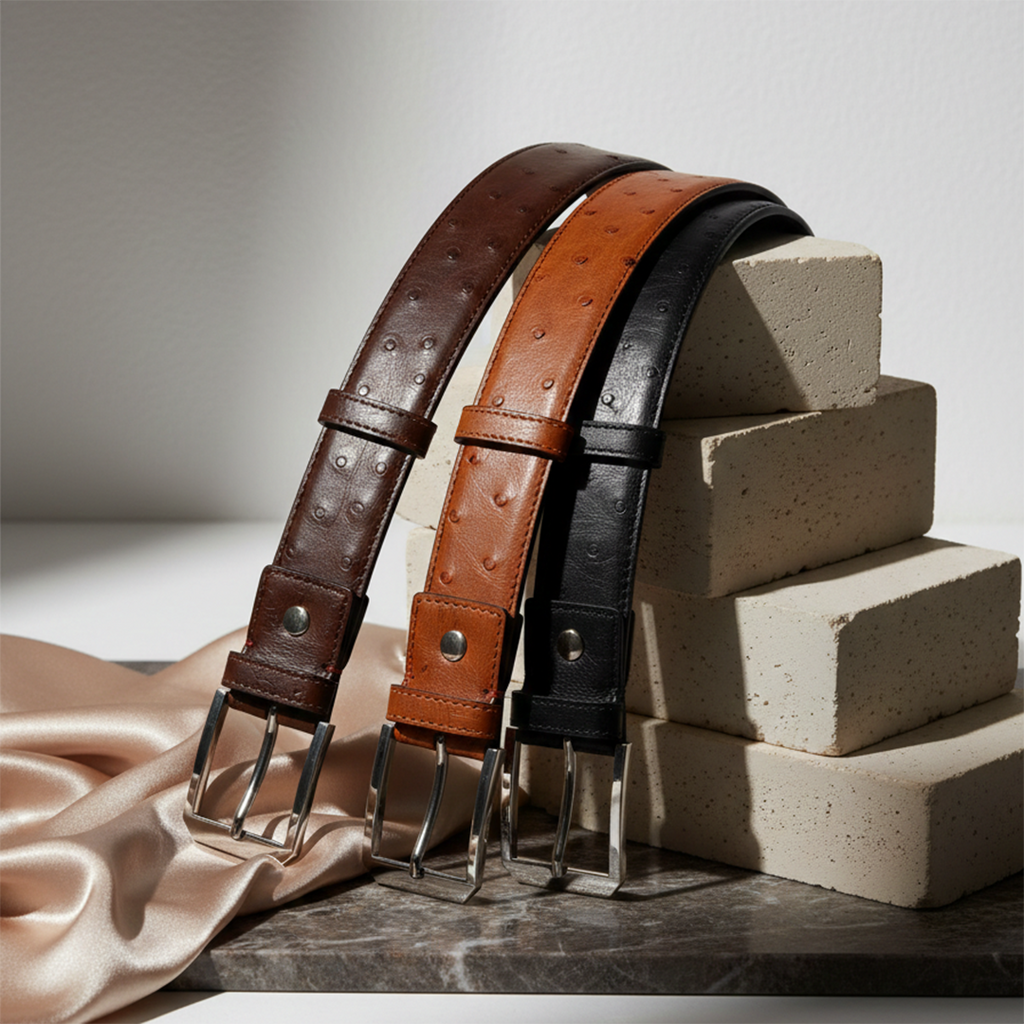 Three leather belts in brown, orange, and black on a neutral background with bricks.