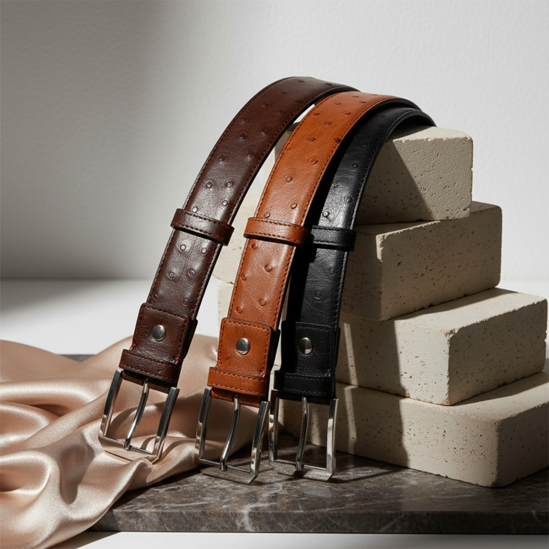 Three leather belts in brown, orange, and black on a neutral background with bricks.