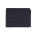 A black leather trifold wallet with a textured pattern on the front and multiple card slots visible on the inside.