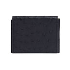 A black leather trifold wallet with a textured pattern on the front and multiple card slots visible on the inside.