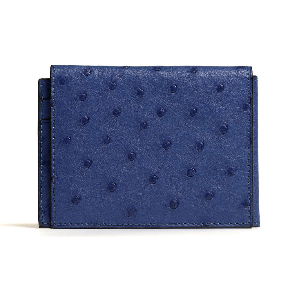 A blue leather trifold wallet with a textured surface and a zipper closure.