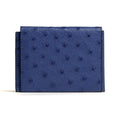 A blue leather trifold wallet with a textured surface and a zipper closure.