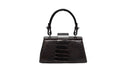 A black ostrich leather lipstick bag with a sleek design, featuring a detachable long strap and an attached mirror.