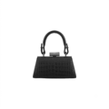 A structured black handbag with an embossed crocodile pattern, featuring a curved top handle and a silver-toned metal clasp closure, shown against a plain white background.