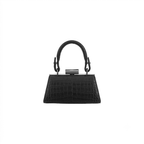A structured black handbag with an embossed crocodile pattern, featuring a curved top handle and a silver-toned metal clasp closure, shown against a plain white background.