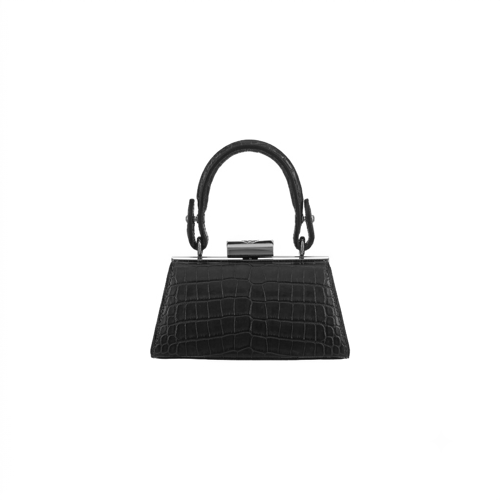 A structured black handbag with an embossed crocodile pattern, featuring a curved top handle and a silver-toned metal clasp closure, shown against a plain white background.
