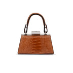 A structured brown handbag with a crocodile-embossed texture, featuring a top handle, silver-tone hardware, and a central clasp, shown against a plain white background.