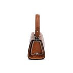A brown textured leather handbag shown from the back, featuring a silver-tone metal frame and a matching brown leather handle against a plain white background.