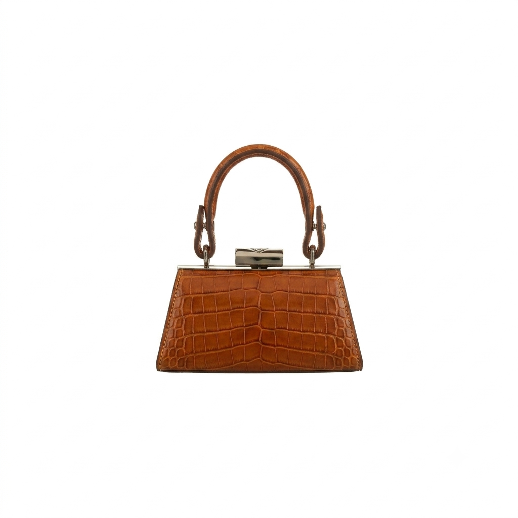 A structured brown crocodile-embossed leather handbag with a top handle, silver-tone hardware, and a front clasp closure, shown against a plain white background.