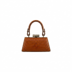 A structured brown crocodile-embossed leather handbag with a top handle, silver-tone hardware, and a front clasp closure, shown against a plain white background.