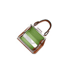 A structured handbag with a light green interior lining, brown leather trim, and silver-tone metal hardware, shown on a plain white background.