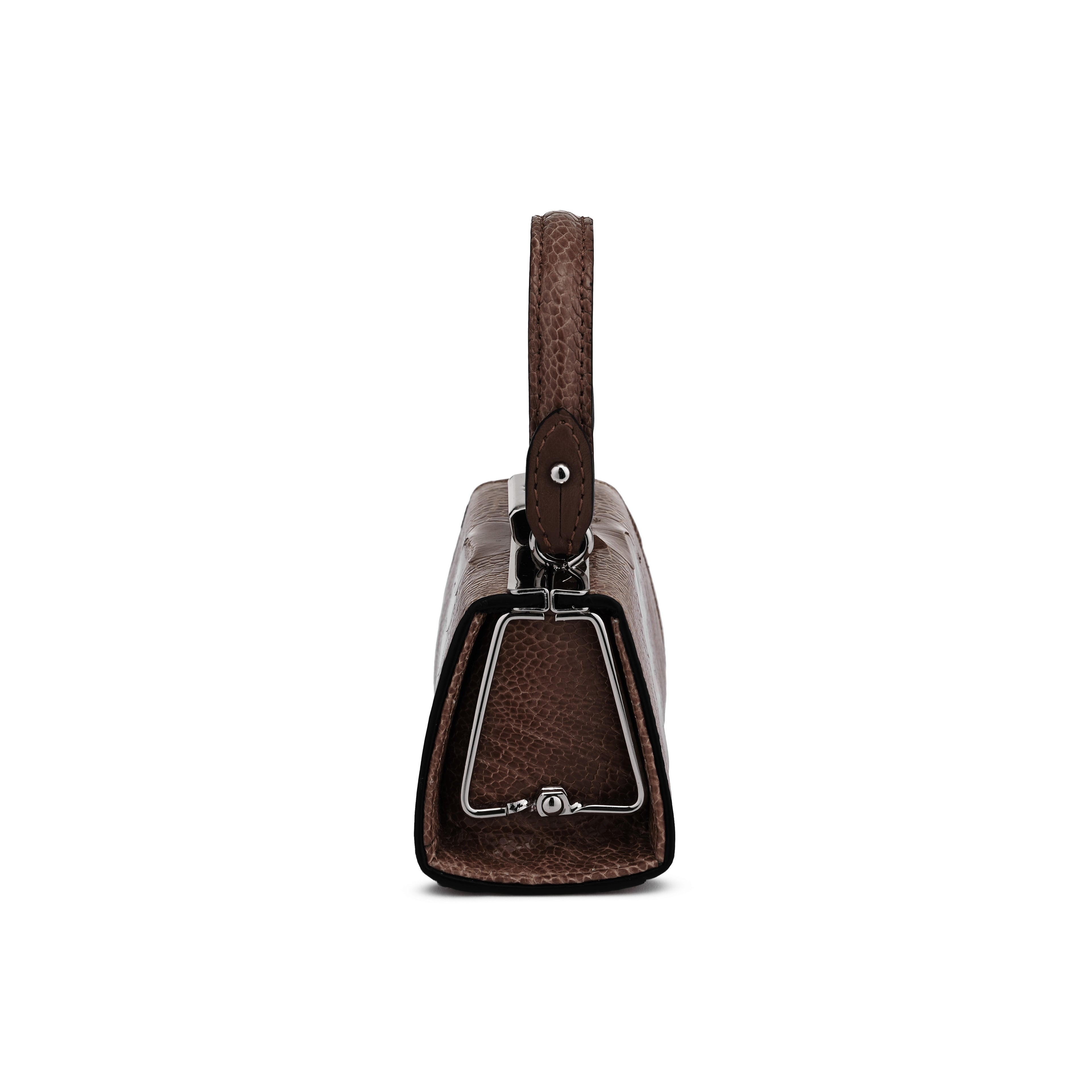 A dark brown textured leather handbag shown from a rear three-quarter view, featuring a silver-tone metal frame accent and a matching brown handle, set against a plain white background.