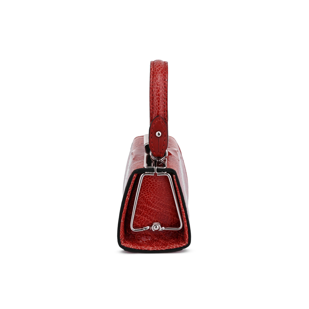 A red textured leather handbag shown from the back, featuring a silver metal frame accent and a matching red handle, set against a plain white background.