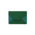 A green passport holder with a button secured front closure, made of African ostrich leather.