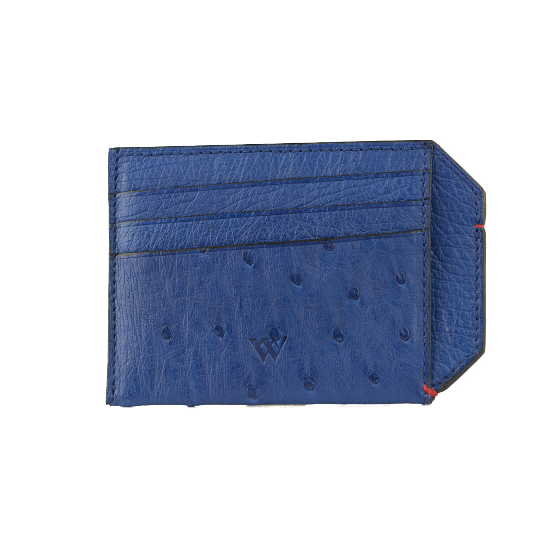 A blue card holder with multiple card slots and pockets, made from ostrich quill leather.
