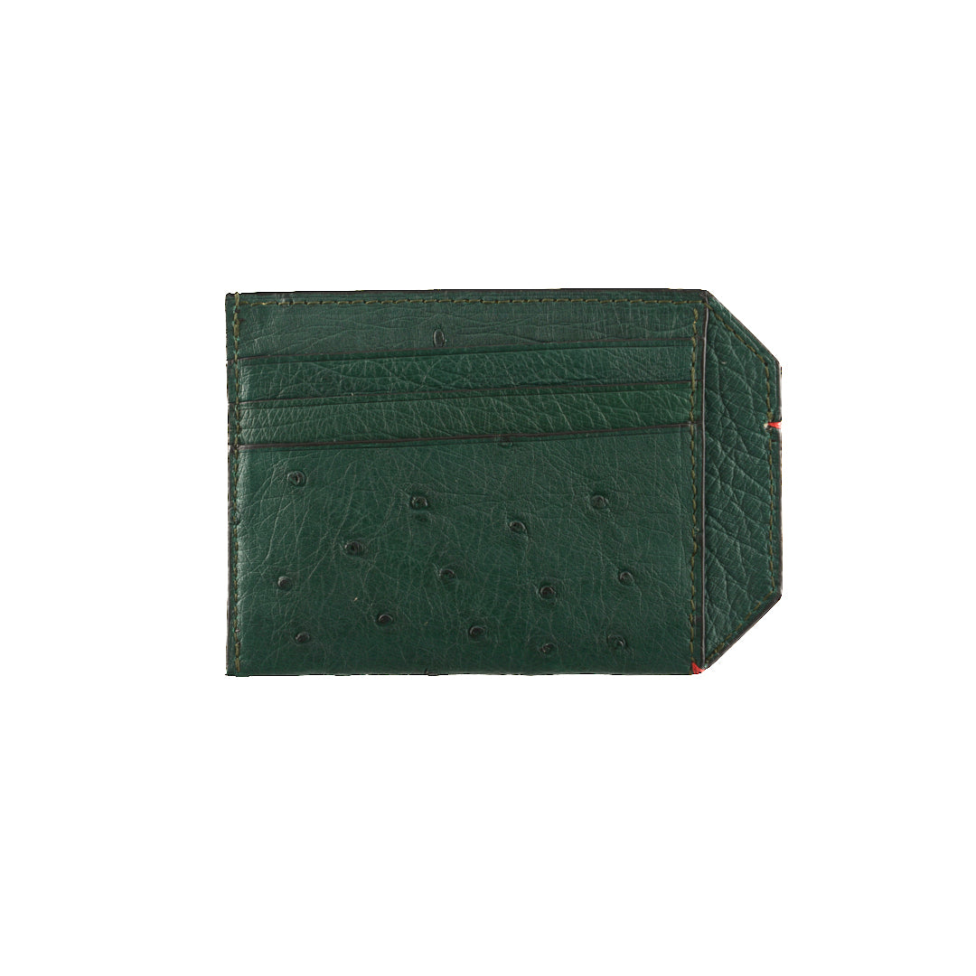 A green Oregon card holder made of ostrich leather with multiple card slots and a cash pocket