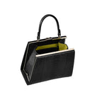 Black handbag with a yellow interior on a white background