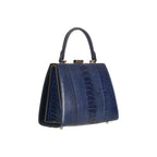 Blue handbag with a textured pattern on a white background