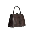 Dark brown handbag with a textured pattern on a white background