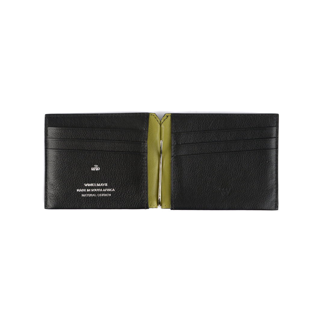 Texas — Black African Ostrich Leg Leather Wallet with Money Clip