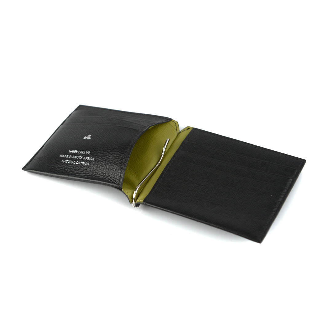 Texas — Black African Ostrich Leg Leather Wallet with Money Clip