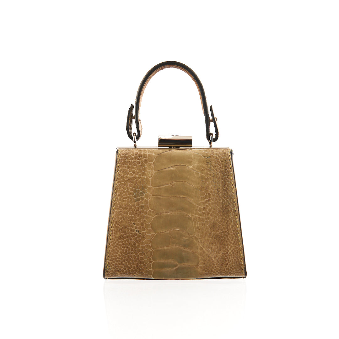 A dark asclepias (ostrich leg) leather handbag with a compact design and a top handle.
