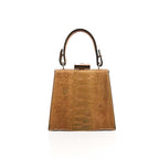 Brown leather handbag with a handle on a white background