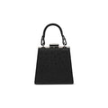 A black leather handbag with a textured pattern and a removable handle.