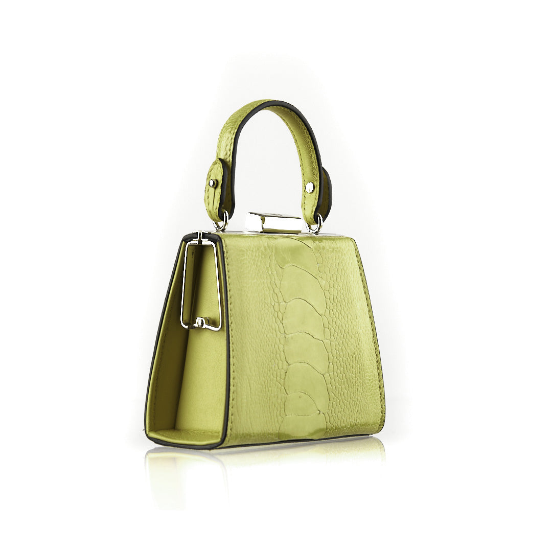 A structured handbag in textured olive green leather with silver-tone hardware, shown on a clean white background.