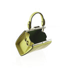 A lime green textured leather clutch handbag with a unique geometric shape, silver-tone metal frame, and a top handle, shown on a white background.