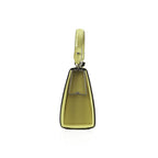 A translucent olive green teardrop-shaped handbag with a matching green woven strap and silver-tone metal hardware, shown against a plain white background.