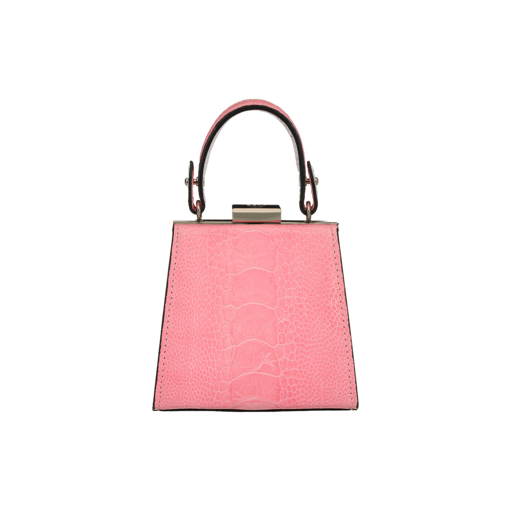 Pink handbag with a metallic handle on a white background